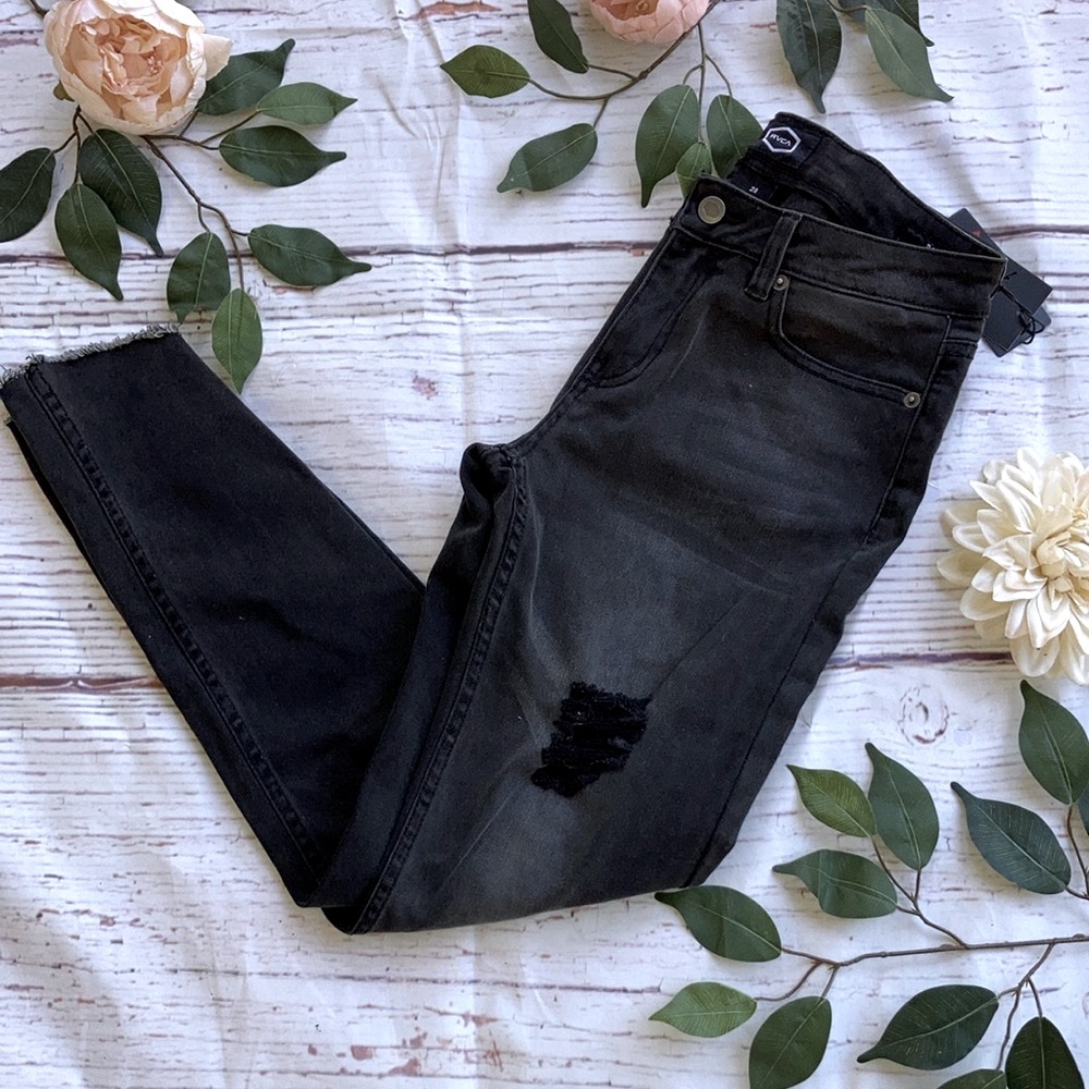 RVCA jeans dayley mid rise skinny size 29 black raw hem stretchy holes NWT